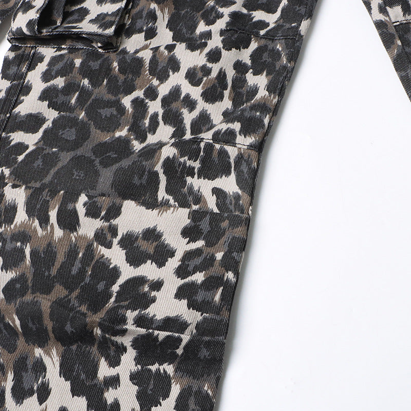 Autumn American Retro Leopard Print High Waisted Slim Fit Straight Jeans Ripped Denim Pants 14