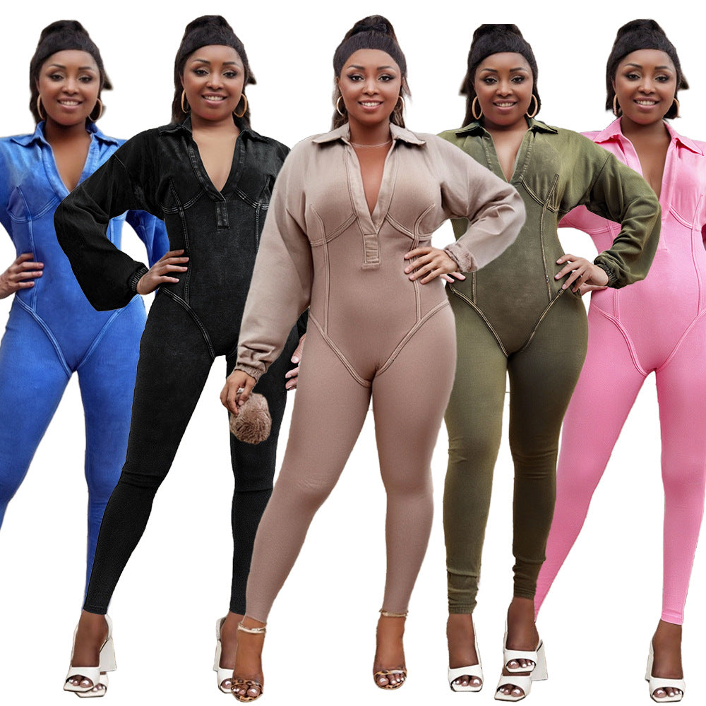 Plus Size Fashion Women Denim Washed Sexy Deep V Tight Fitting Long Sleeve Jumpsuit 15