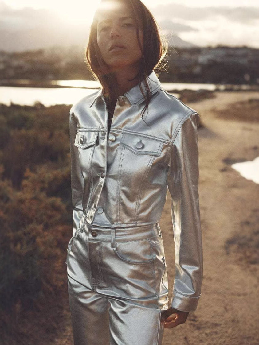 Women's Pu Leather Jacket Coat Fashion Turndown Collar Long Sleeve Top