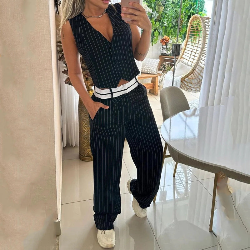 Women's Striped Vest Top Trousers Casual Two Piece Pants Set