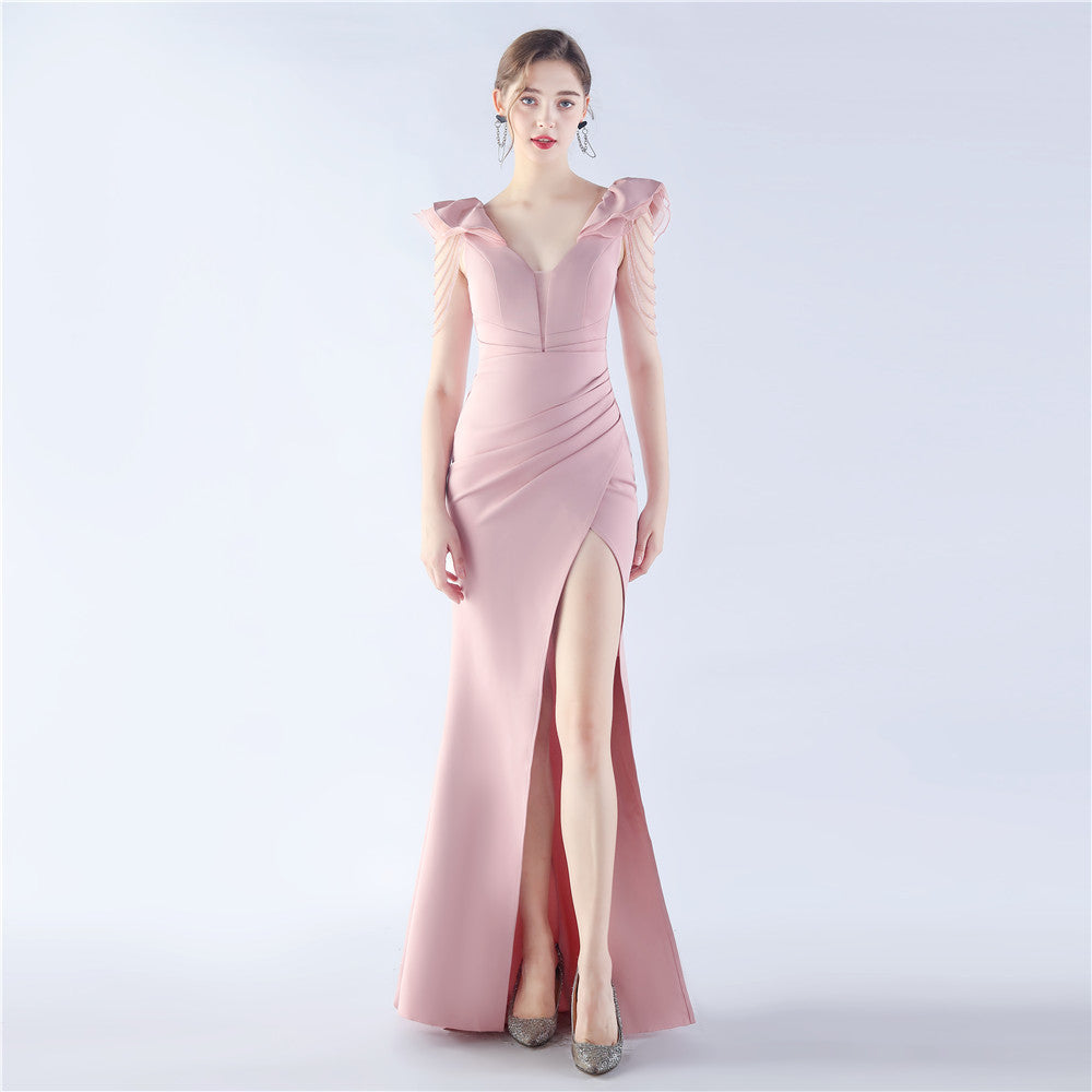 Women Elegant Beading Slit Formal Party Evening Dress 9