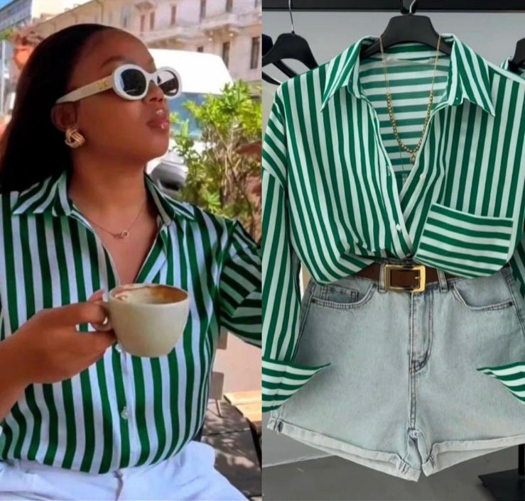 Women's Summer Fashion Casual Long Sleeve Striped Shirt