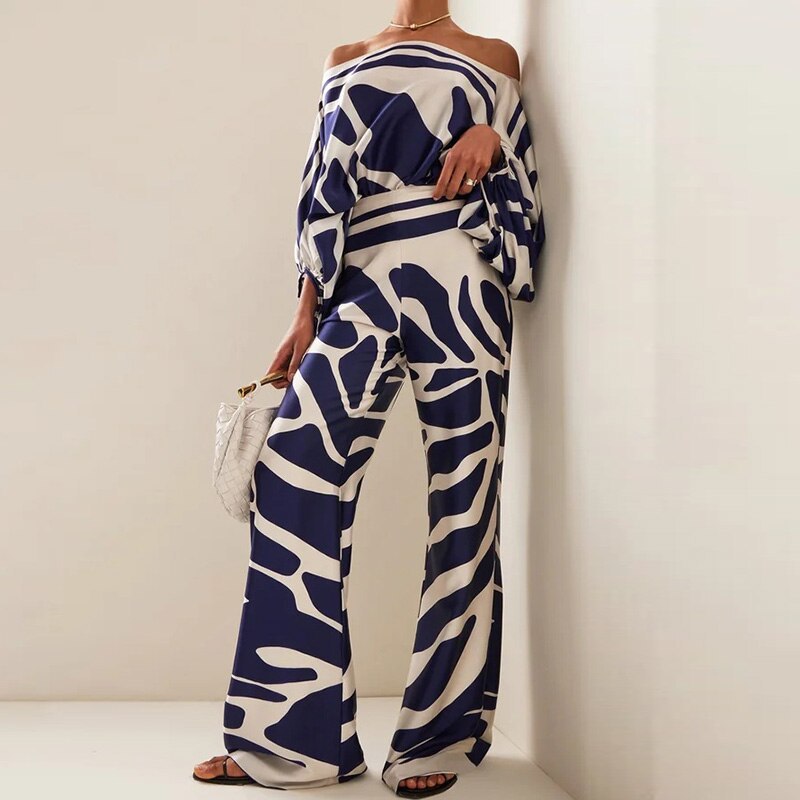 Women Printed Casual Loose Top and Wide Leg Pants Two-piece Set 17