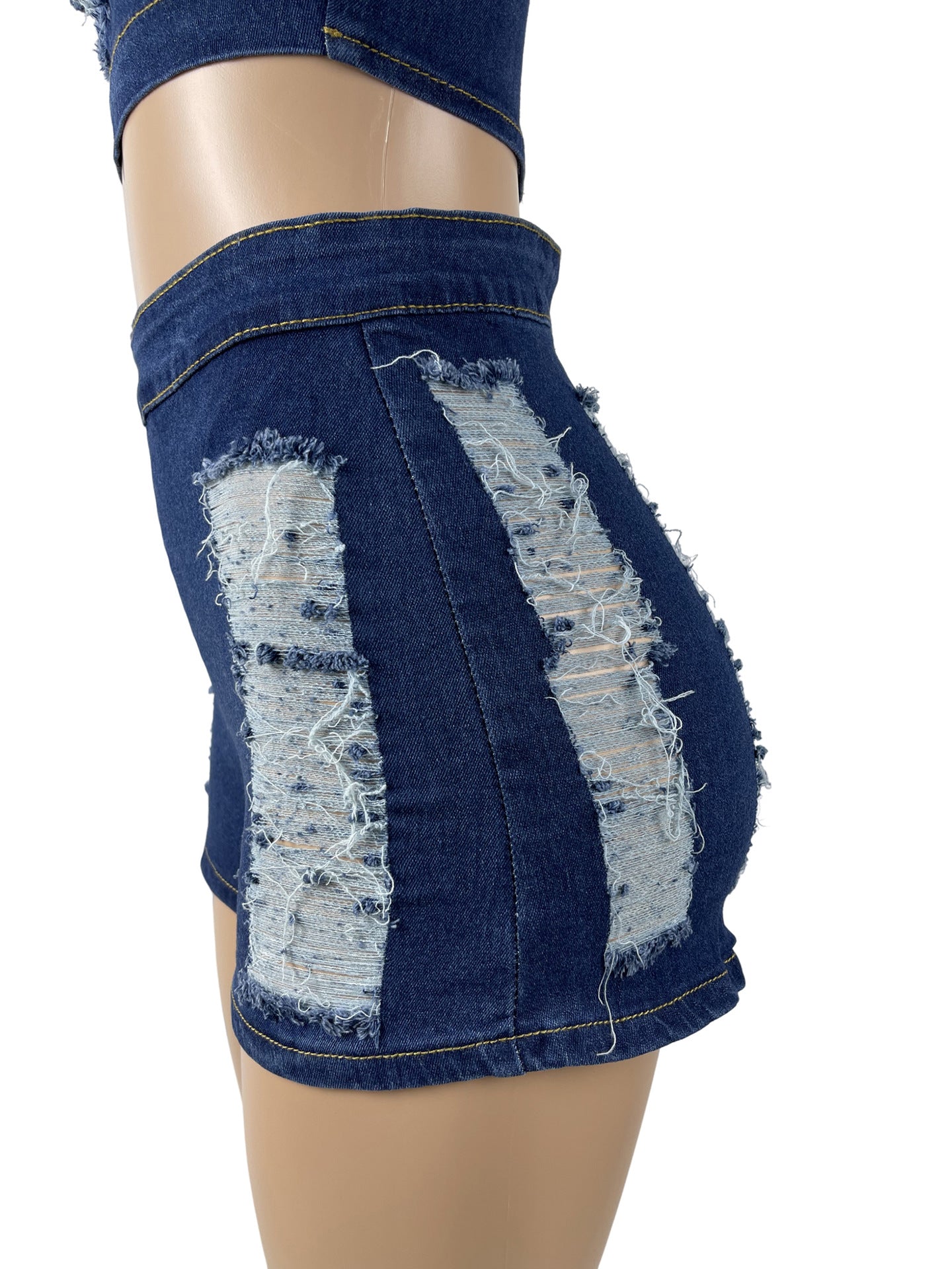 Women Stretch Ripped Strapless Denim Top and Denim Shorts Set of Two 15