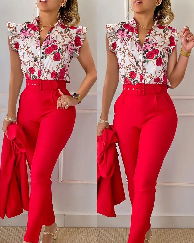 Stylish Printed Ruffle Sleeve Top Solid Color Pants Two Piece Set With Belt 22