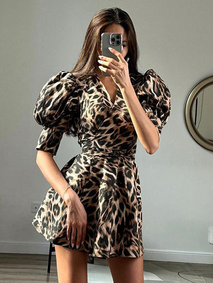 Women V-Neck Lace Leopard Princess Sleeve Dress