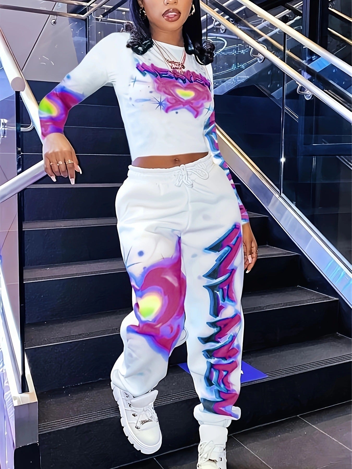 Spring Printed Fashionable Long Sleeve Two Piece Pants Set for Women 6