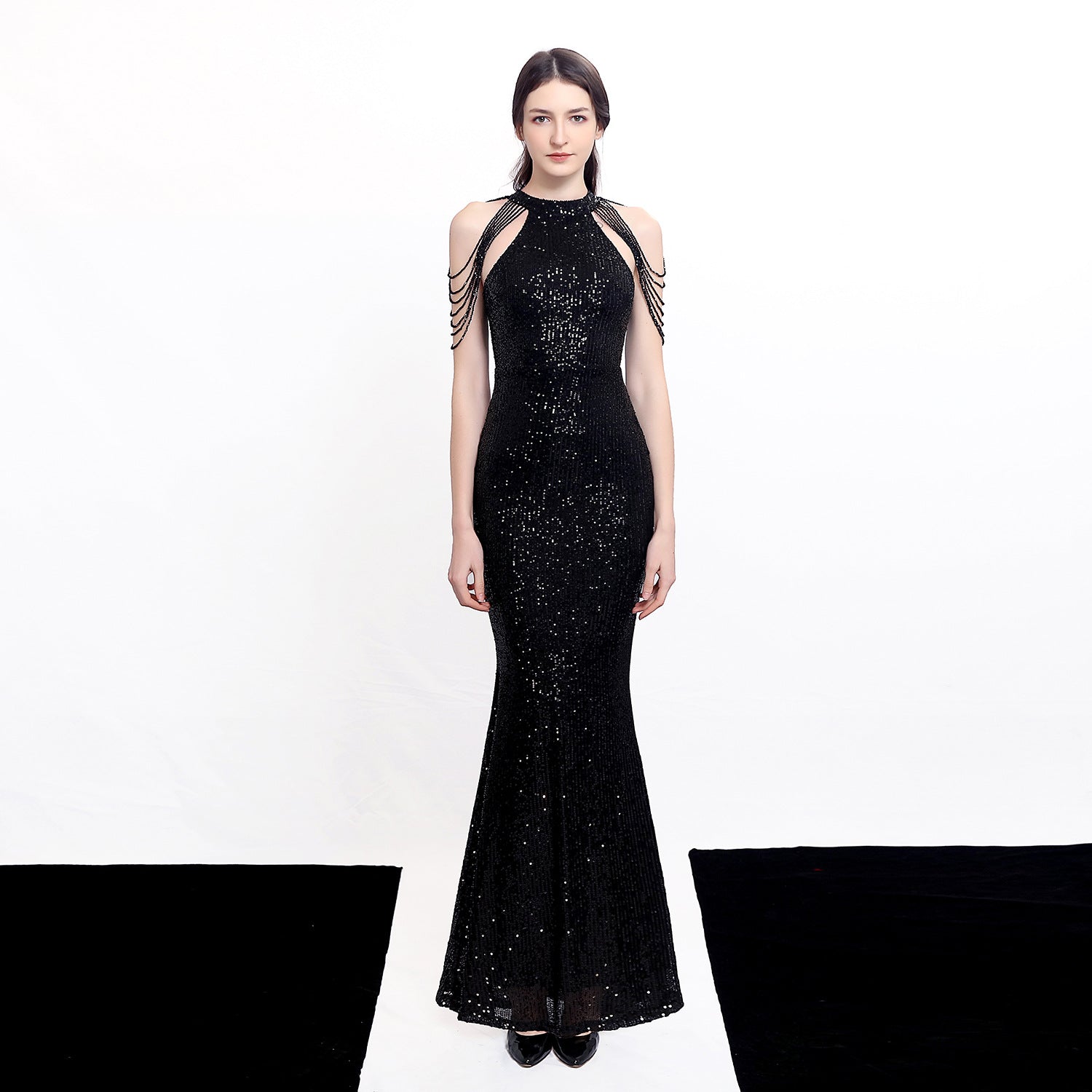 Women Elegant Long Halter Sequins Fishtail Evening Dress 5