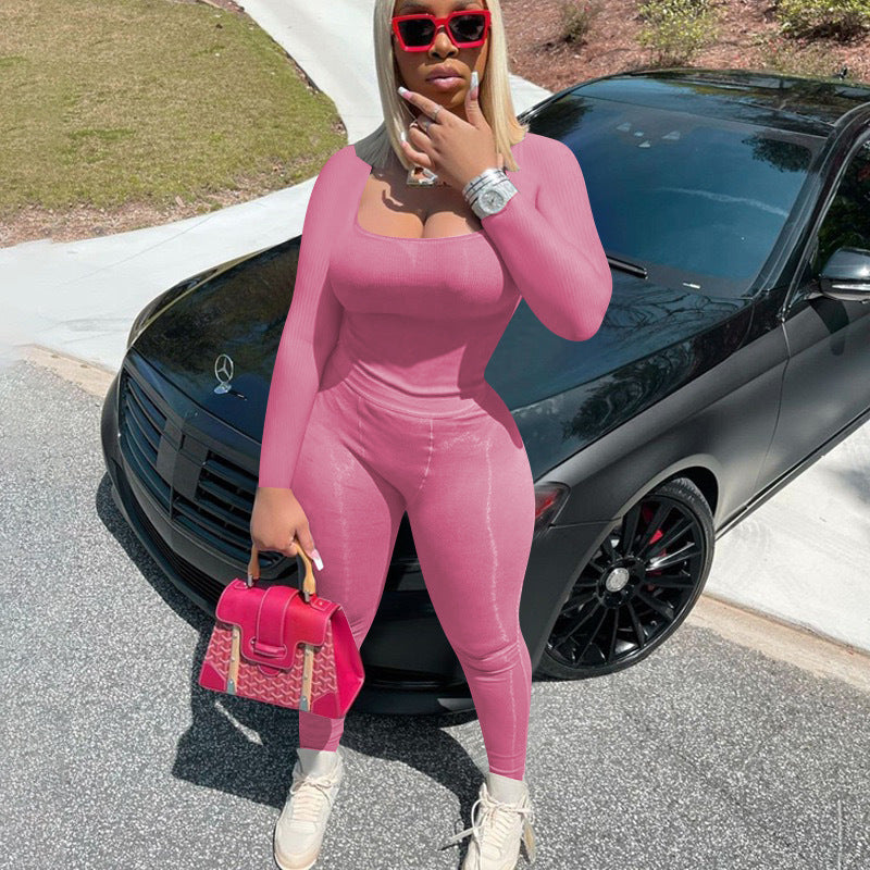 Women's Fashion Casual Ribbed Solid Color Slim Fit Two-Piece Pants Set 7