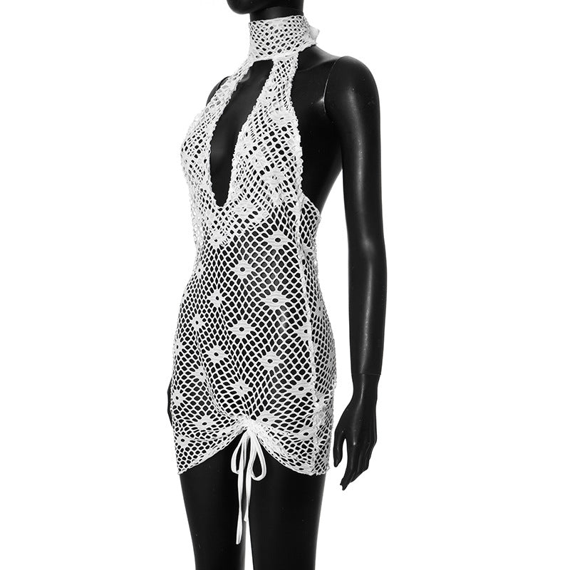 Women Summer Solid Sexy Round Neck Mesh Sleeveless See-Through Lace-Up Dress 9