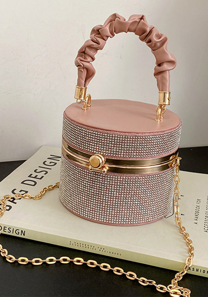Women Sparkling Diamond Bucket Bag Pleated Chain Shoulder Bag