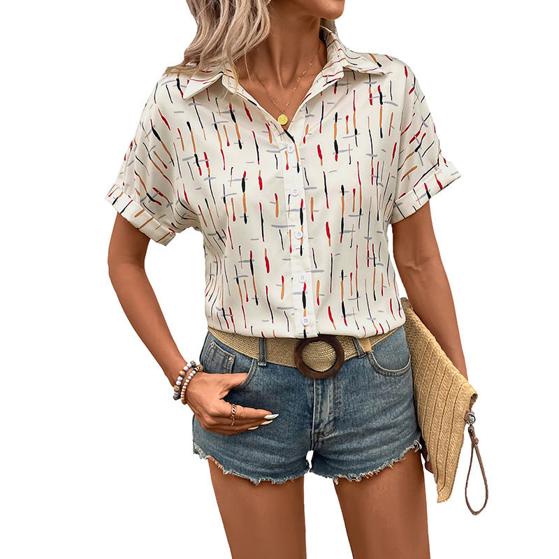 Women Summer Contrast Turndown Collar Line Print Shirt 6