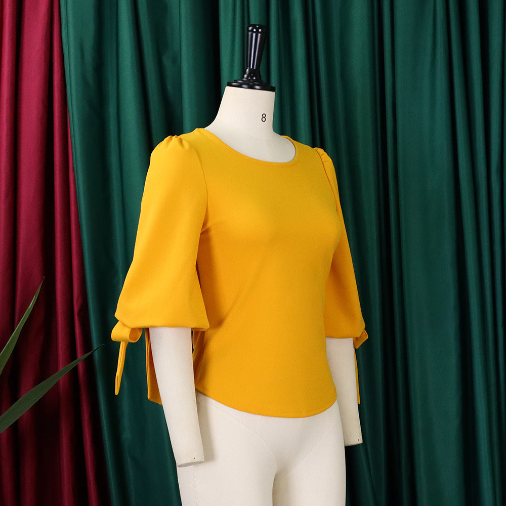 Women's Spring Fashion Chic Slim Fit Solid Lace-Up Bubble Sleeve Shirt 16