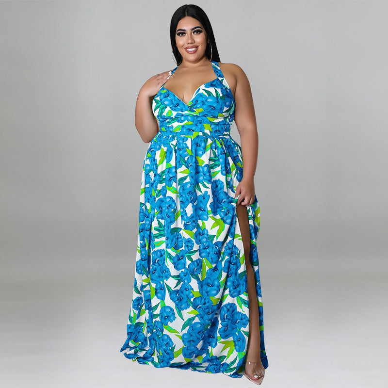 Plus Size Women's Summer Sexy Halter Low Back Print Slit Maxi Dress 5