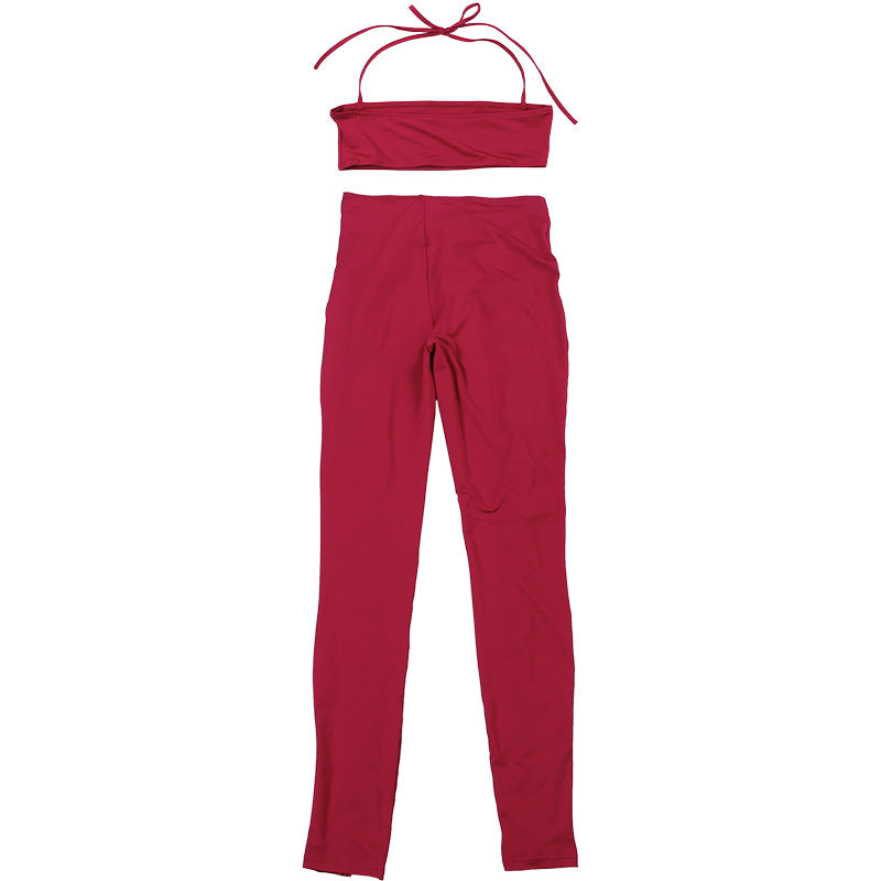 Women Fall Solid Halter Neck Lace-Up Top and Pants Two-piece Set 31