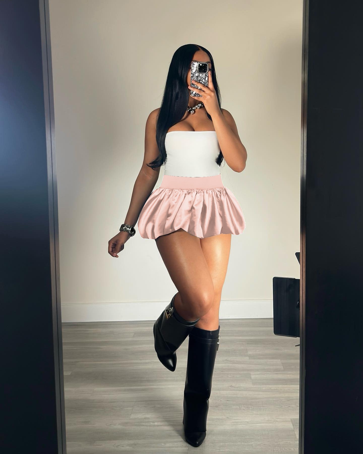 Women Glitter Mini Pleated Solid Bubble Skirt 5