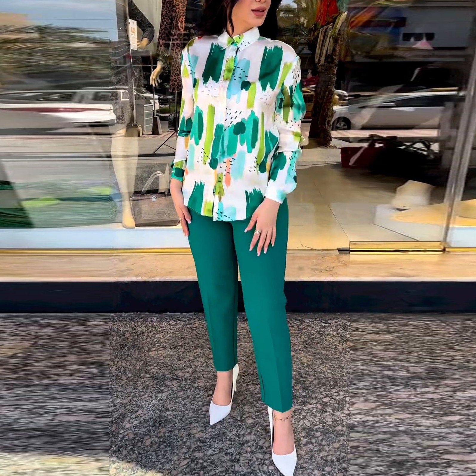 Career Women's Summer Chic Long Sleeve Shirt High Waist Cropped Pants Tight Pants Set 3