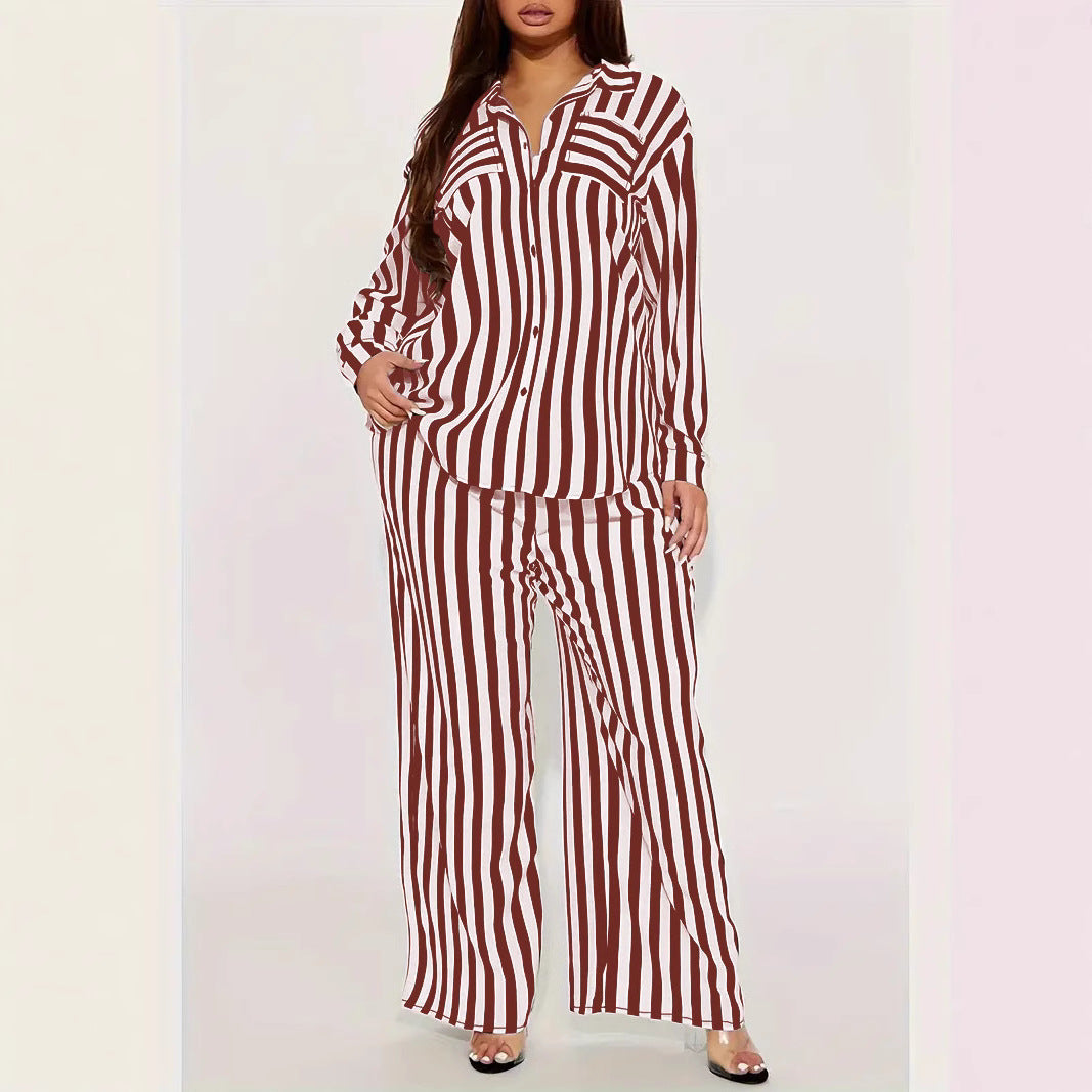 Women's Fashion Casual Long Sleeve Striped Shirt Pants Loose Two-piece Set 8