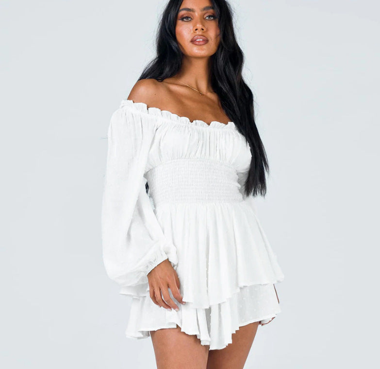 Spring And Summer Pleated Off Shoulder Long Sleeve Casual Ruffled Jumpsuit 3