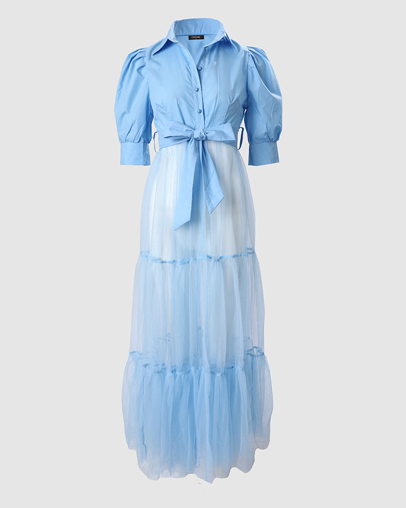 Fall/Winter Solid Color Puff Sleeve Lace-Up Long Mesh Patchwork Top 8