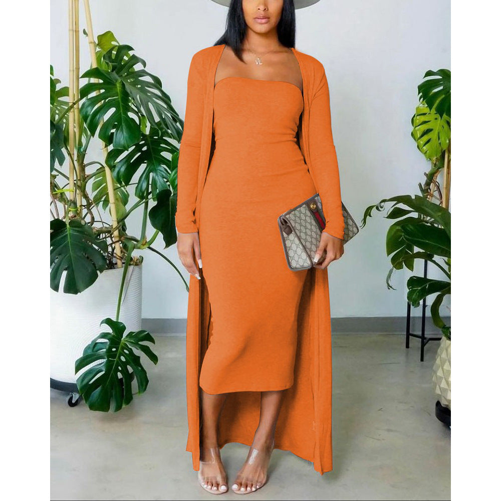 Autumn Long-Sleeved Coat Chic Fashion Solid Color Strapless Slim Long Dress Two Piece Set 8