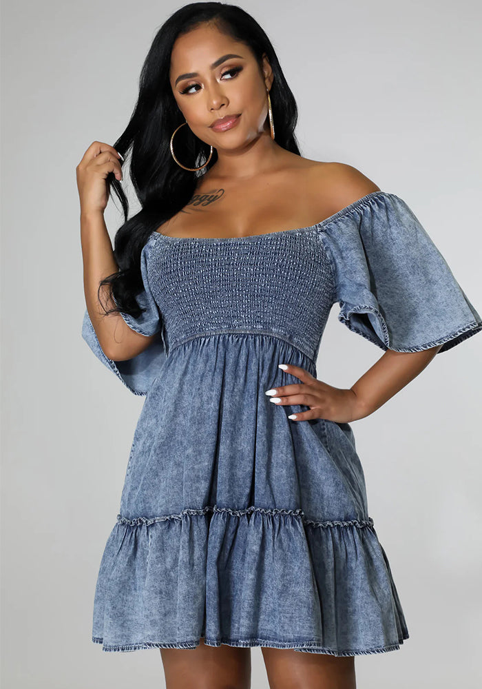 Summer Casual Off Shoulder Short-Sleeved Loose Denim Dress