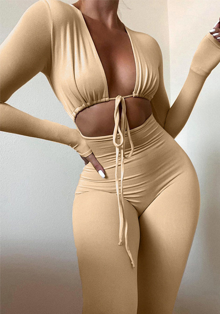 Women Solid Sexy Lace-up Hollow Long Sleeve Jumpsuit 7