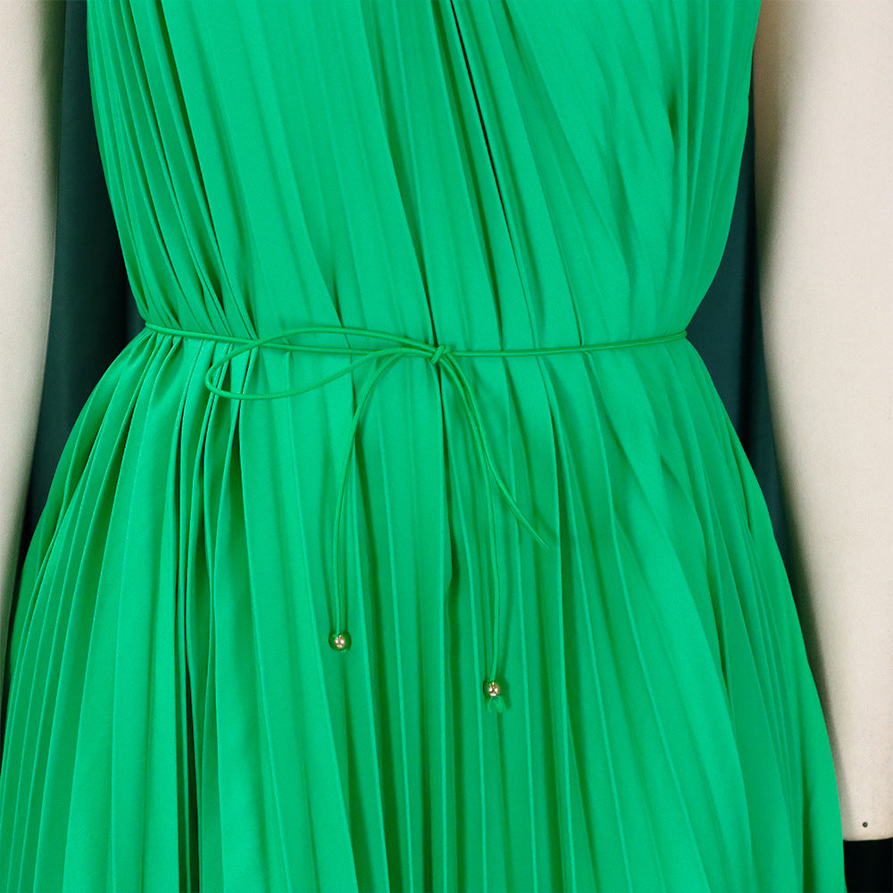 Women Summer Solid Slash Shoulder Lace-Up Loose Pleated Dress 28