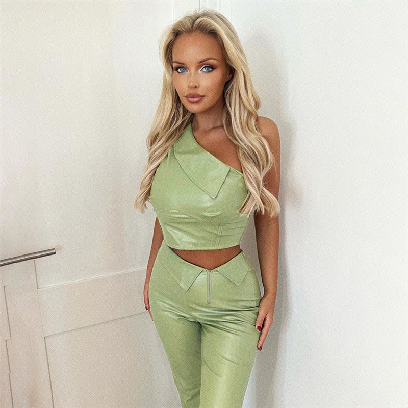 Women summer Slash Shoulder one shoulder Tank Top and straight trousers pu Leather two-piece set 4