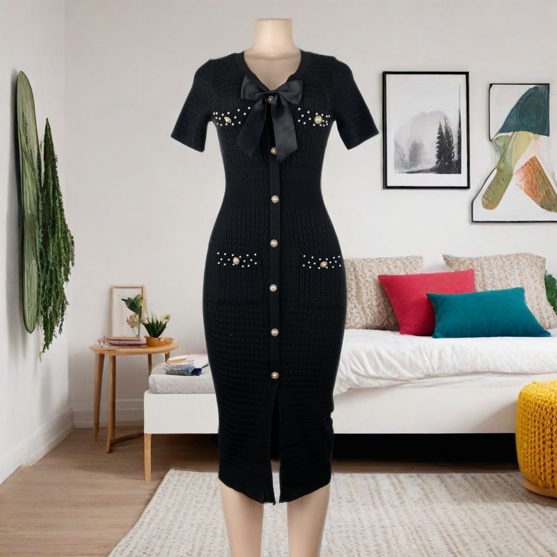 Summer Women's V-Neck Short Sleeve Slim Waist Chic Knitting Dress 6