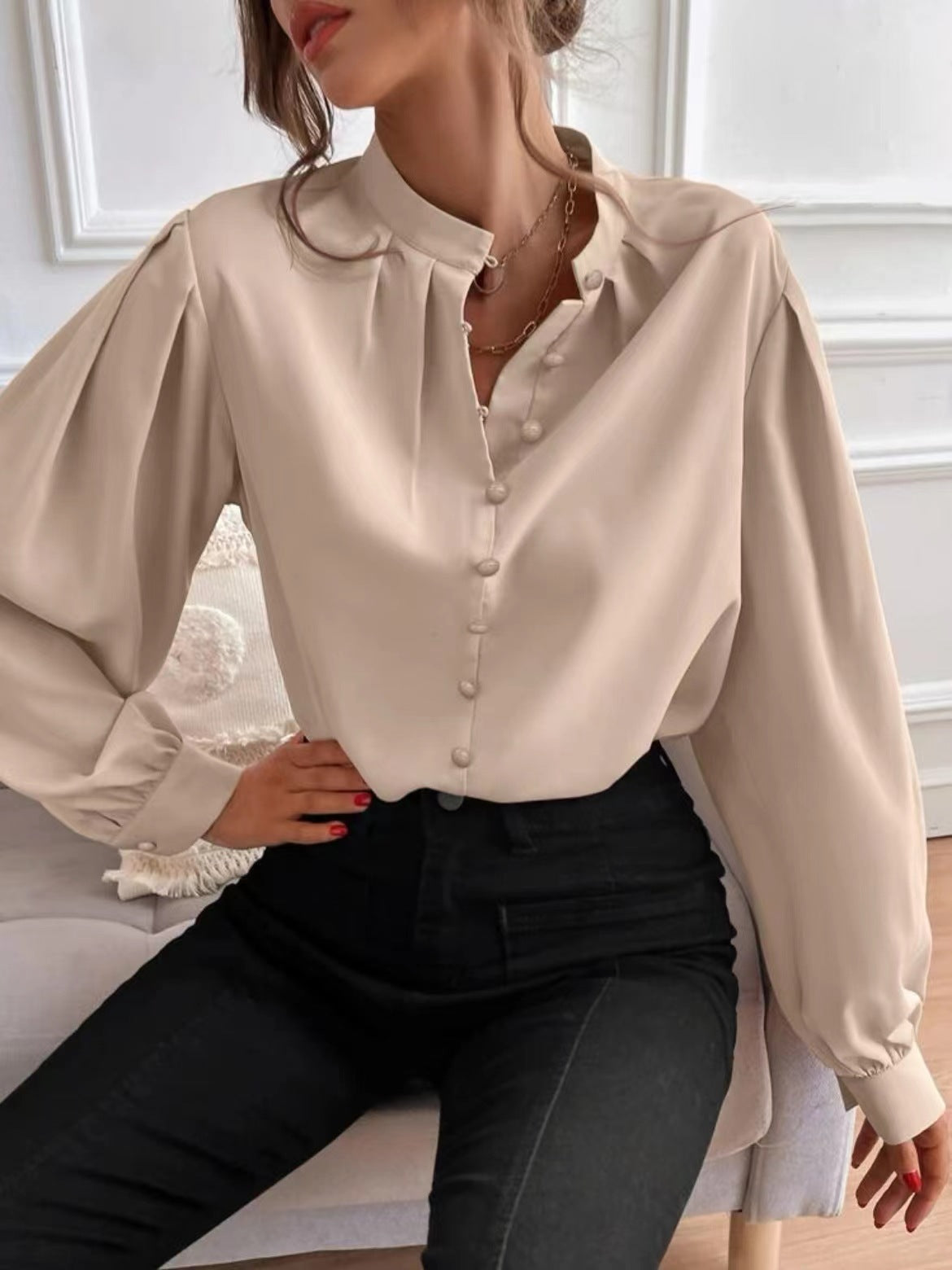 Women's Shirt Spring Elegant Solid Color Long Sleeve Button Loose Women's Top 12
