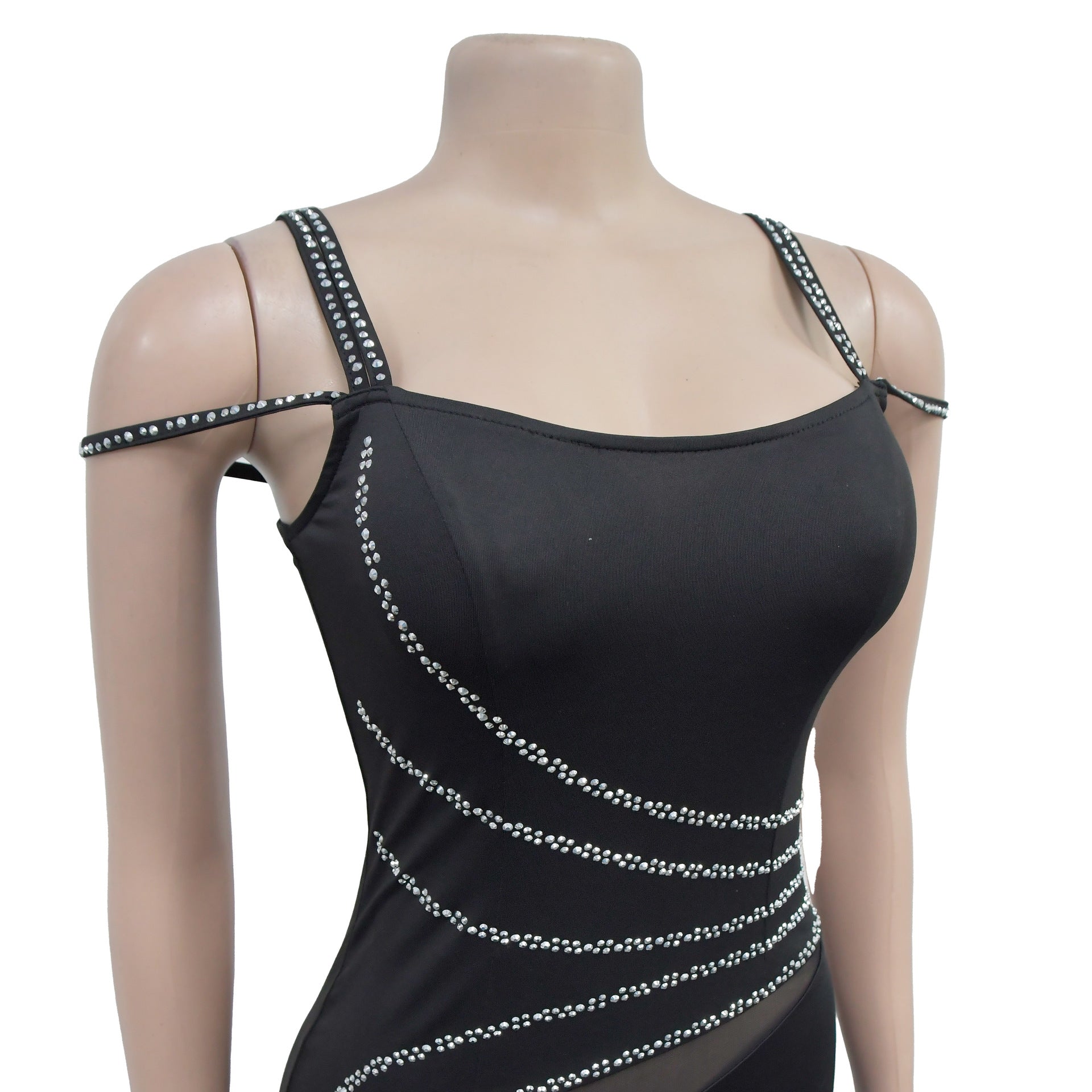 Fashion Women's Beaded Strap Off Shoulder Solid Color Mesh Patchwork Evening Dress 12