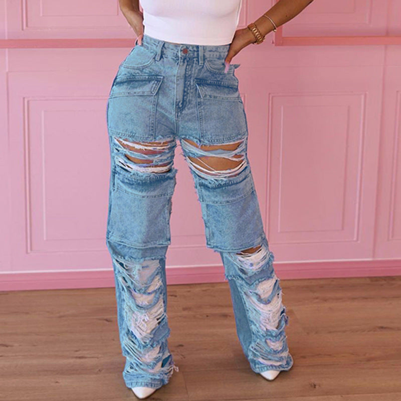 Street Ripped Pocket Patchwork Denim Straight-Leg Pants 3
