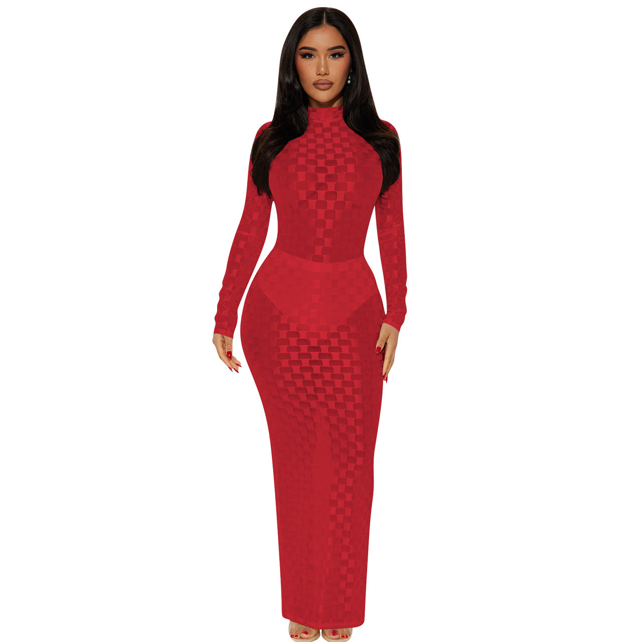 Women's Clothing Sexy Fashion Plaid Mesh Long Dress 9