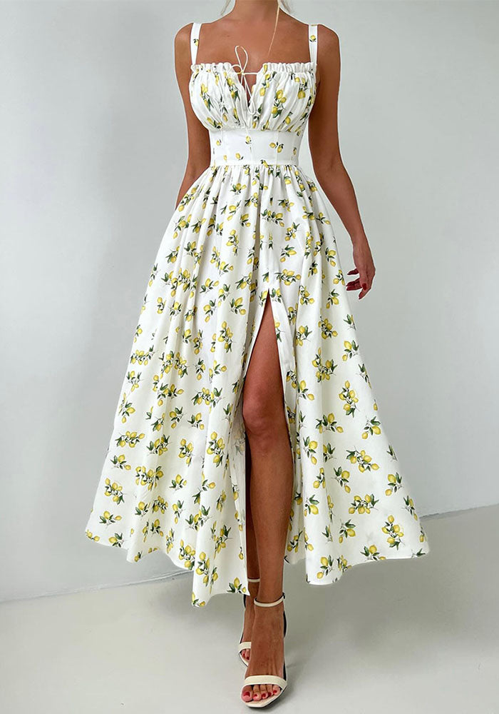 Women's Summer Printed Straps Slim Slit Long Dress