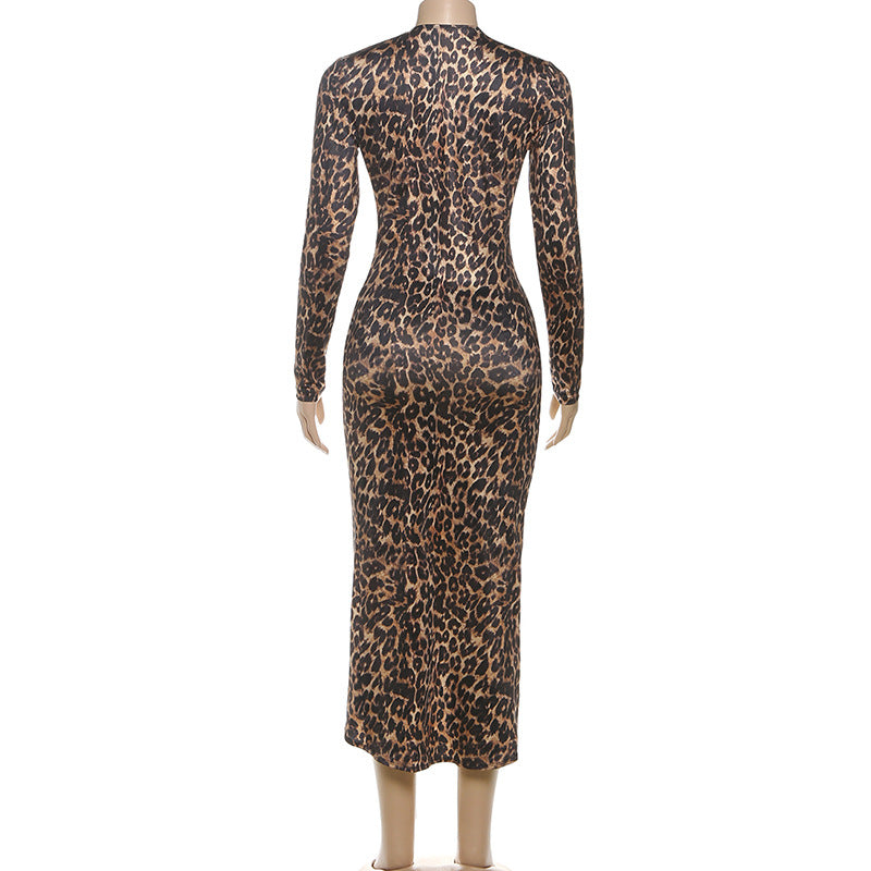 Women's Summer Sexy Leopard Print Deep V-Neck Slit Dress 8
