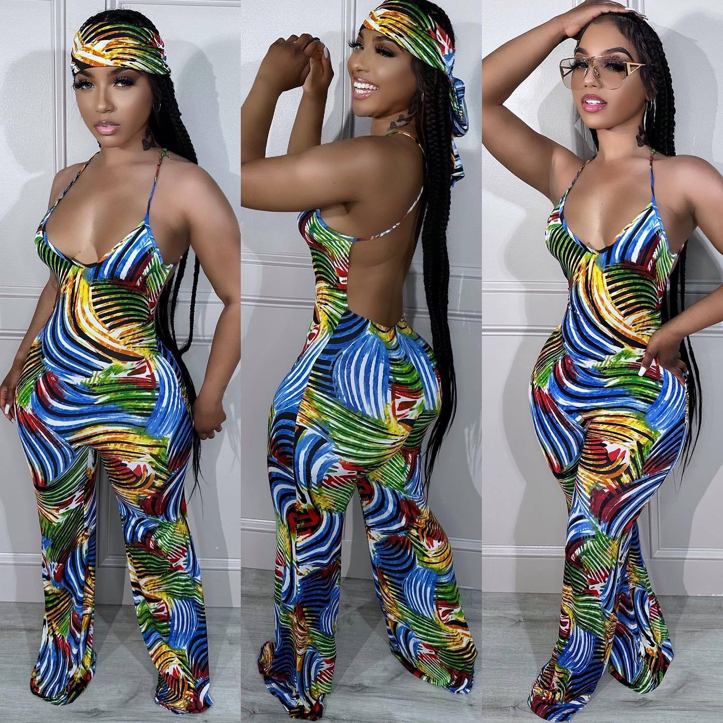 Women's Summer Sleeveless Straps Painted Print Low Back Long Jumpsuit With Bandana 4
