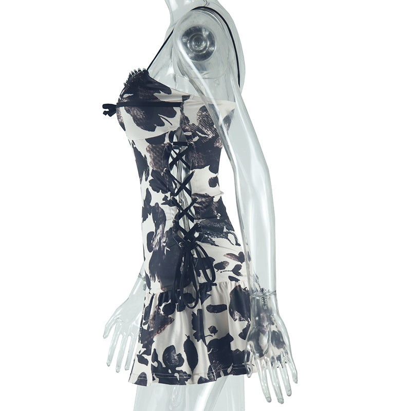 Women's Fashion Print Sexy Strap Lace-Up Casual Dress 6