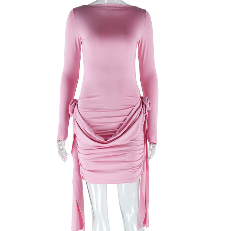 Women's Solid Color Round Neck Long Sleeve Lace Up Flower Bodycon Trendy Dress 11