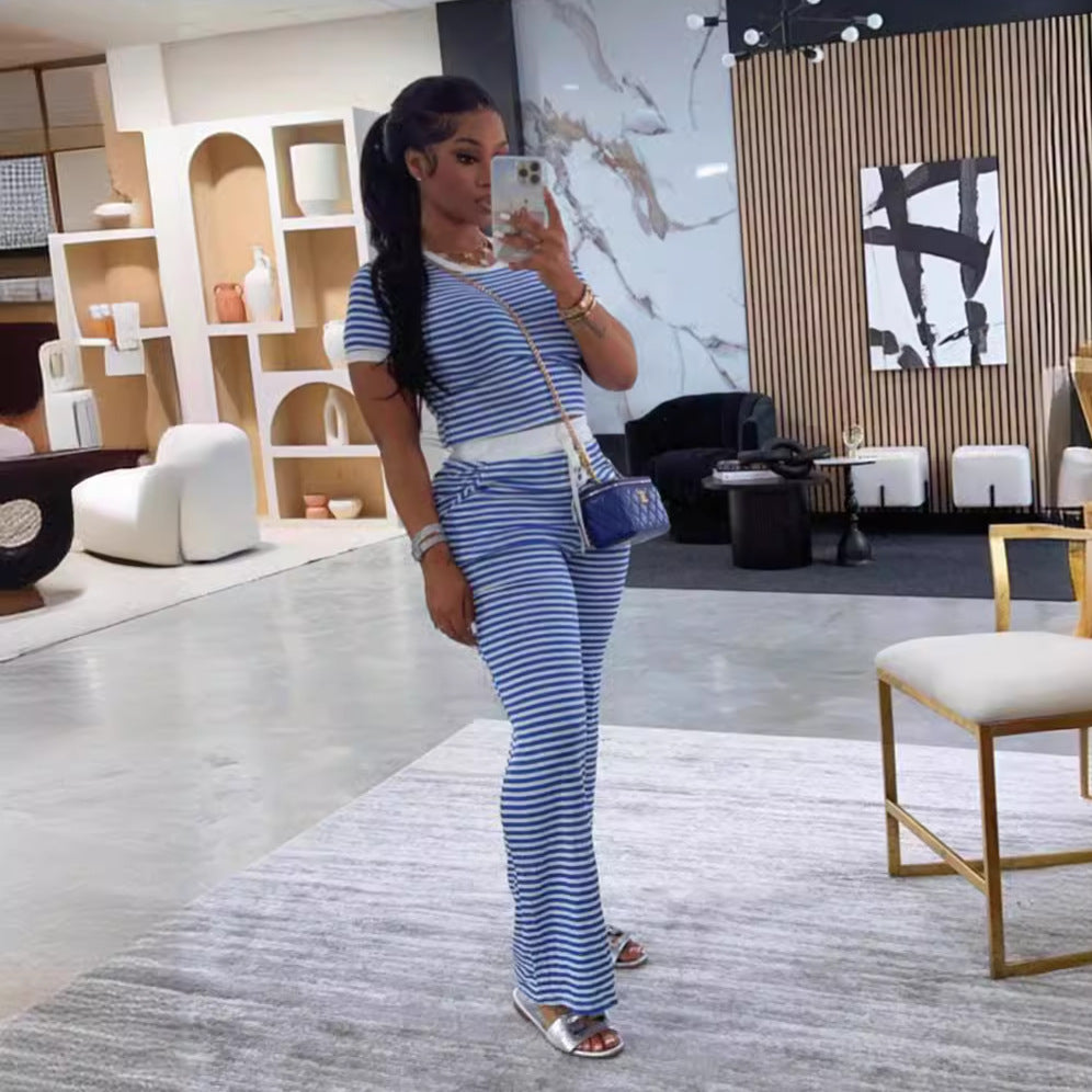 Casual Short Sleeve Striped Two-Piece Pants Set 4