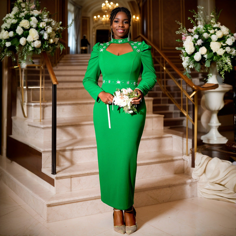 Plus Size Women Hollow Collar Beaded Party Formal Party Dresses