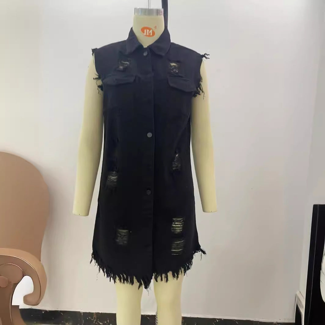 Women Ripped Tassel Denim Vest 5