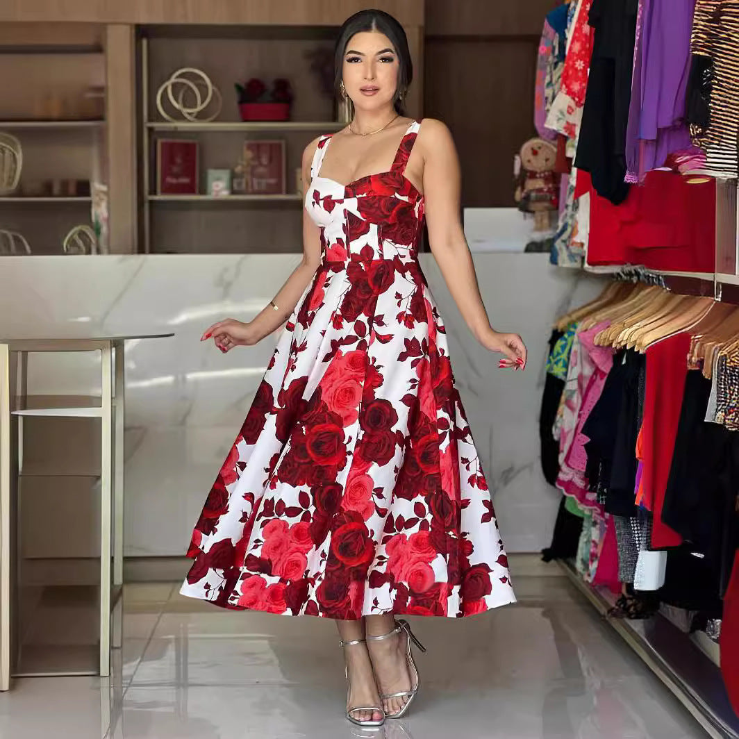 Strap Red Rose Printed Long Dress Chic Elegant Women's Dress