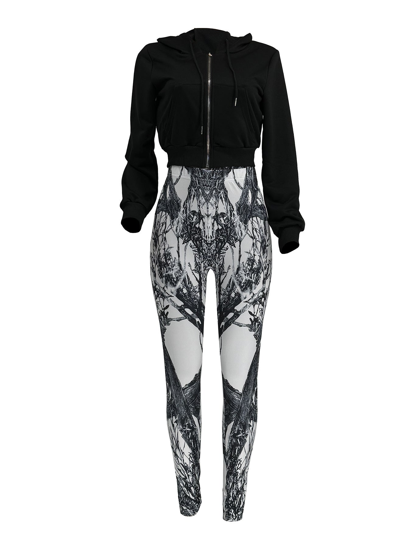 Women Casual Zipper Long Sleeve Top and Print Pants Two-Piece Set 22