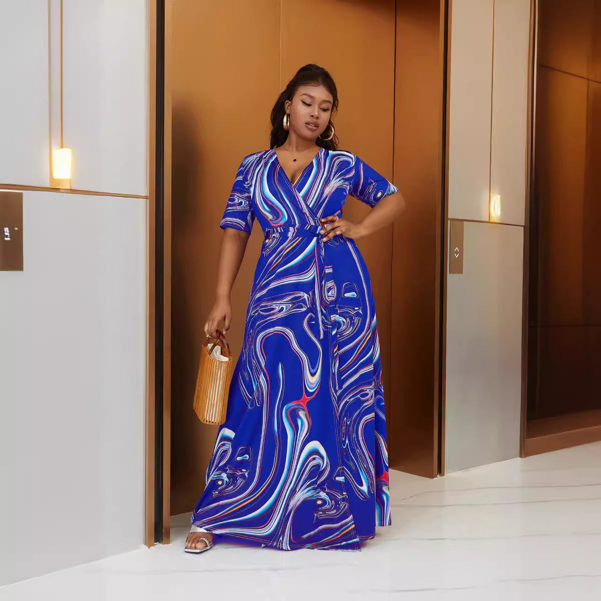 Plus Size Women Bohemian Tie Dye Casual Slit Beach Short Sleeve Dress 11