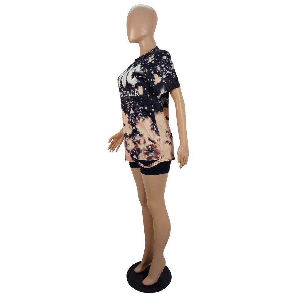 Women's Spring Summer Fashion Style Print Short Sleeve T-shirt shorts two piece Set 9