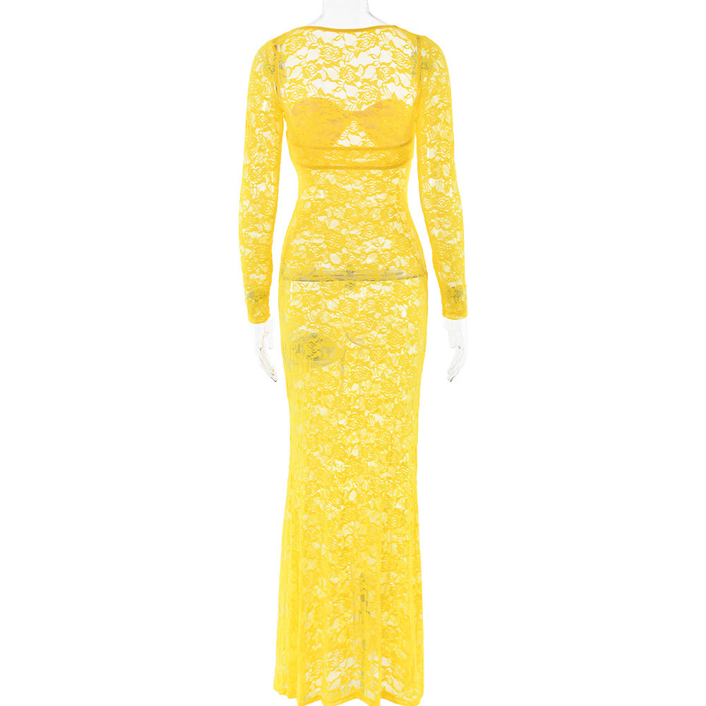 Women sexy lace See-Through long-sleeved dress 12