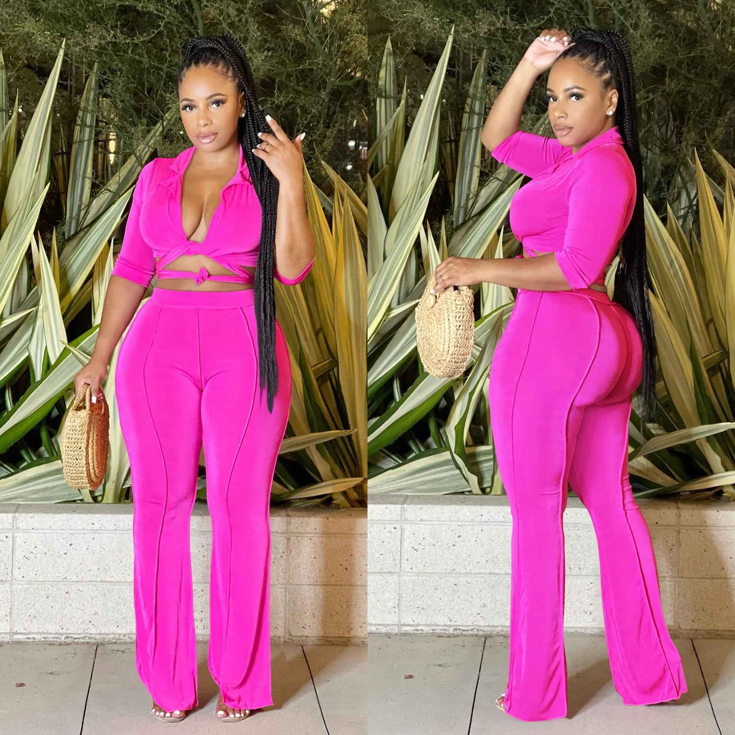 Fashion Women'S Solid Color Half-Sleeve Turndown Collar Shirt Trouserstwo Piece Set 6