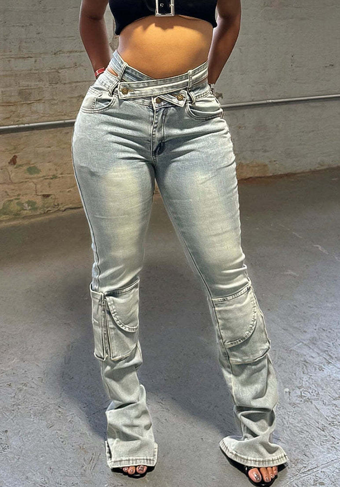 Zipper Casual High Stretch Cargo Denim Pants