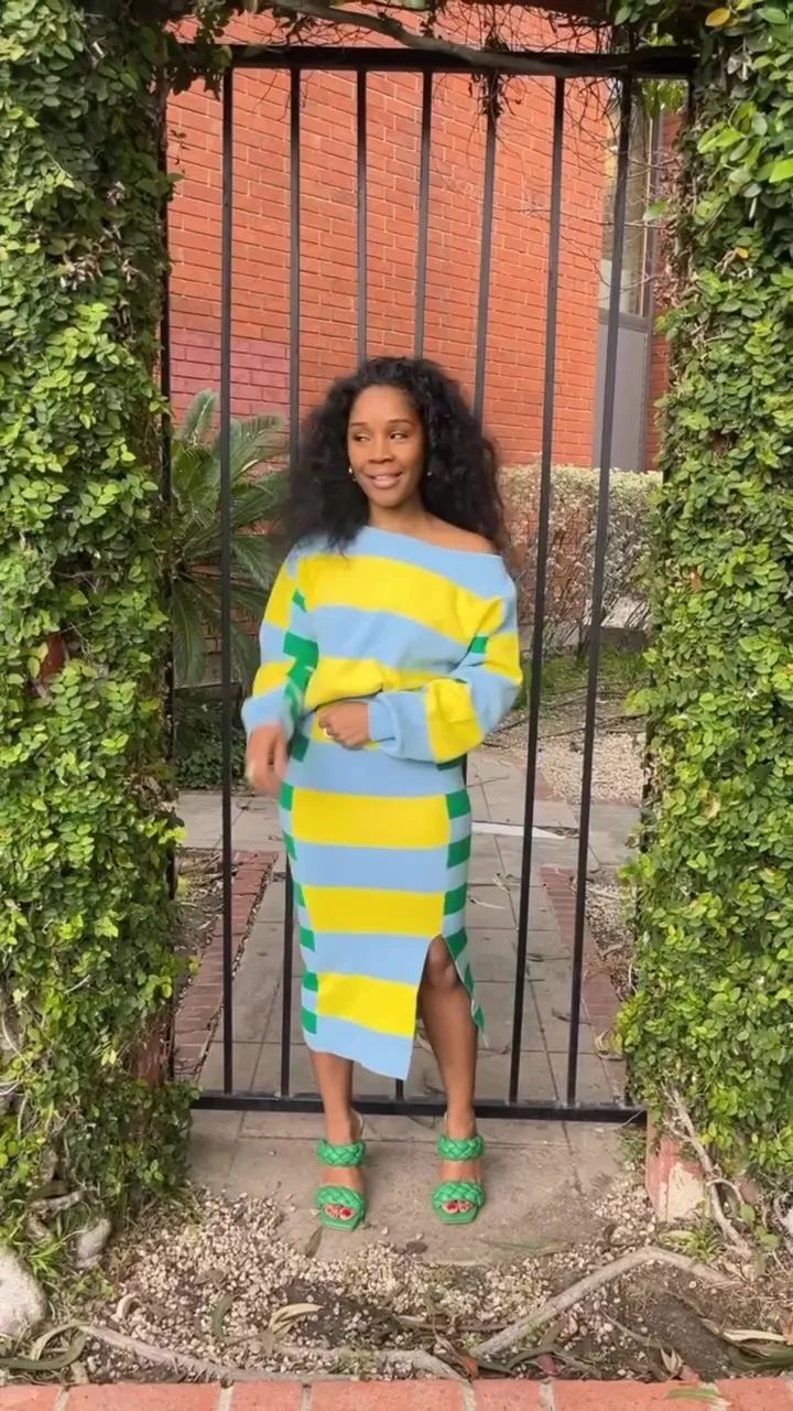 Women Long-sleeved Striped Sweater Slit Skirt Two-piece Set 4